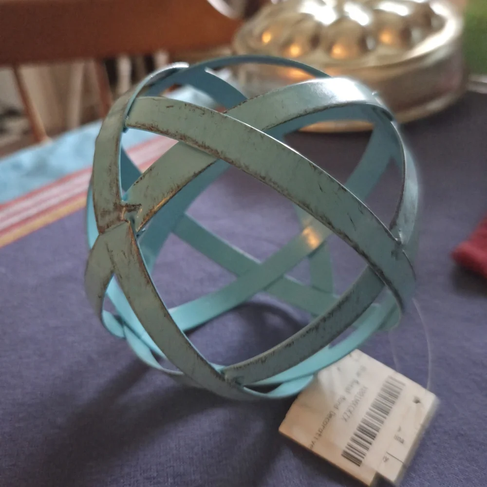Blue Metal Banded Sphere Home Decor Patio Indoor Outdoor